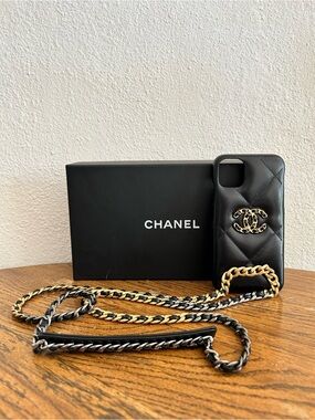 Chanel Black Quilted Leather iPhone X Pro Case with Gold Chain FULL INCLUSION